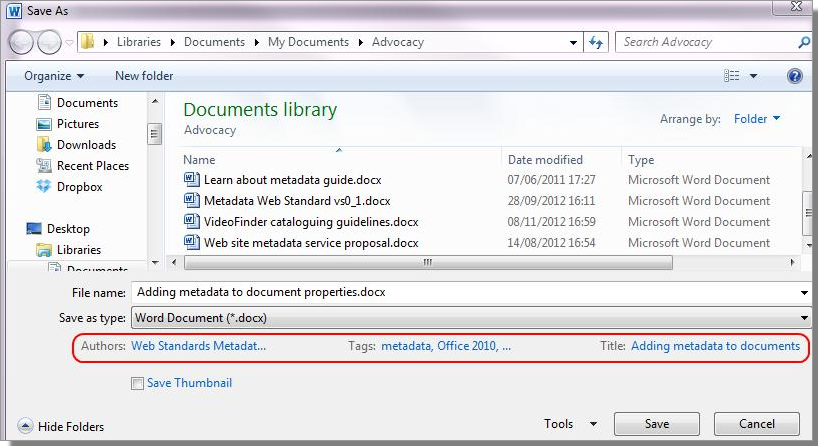 screenshot of metadata in save as screen